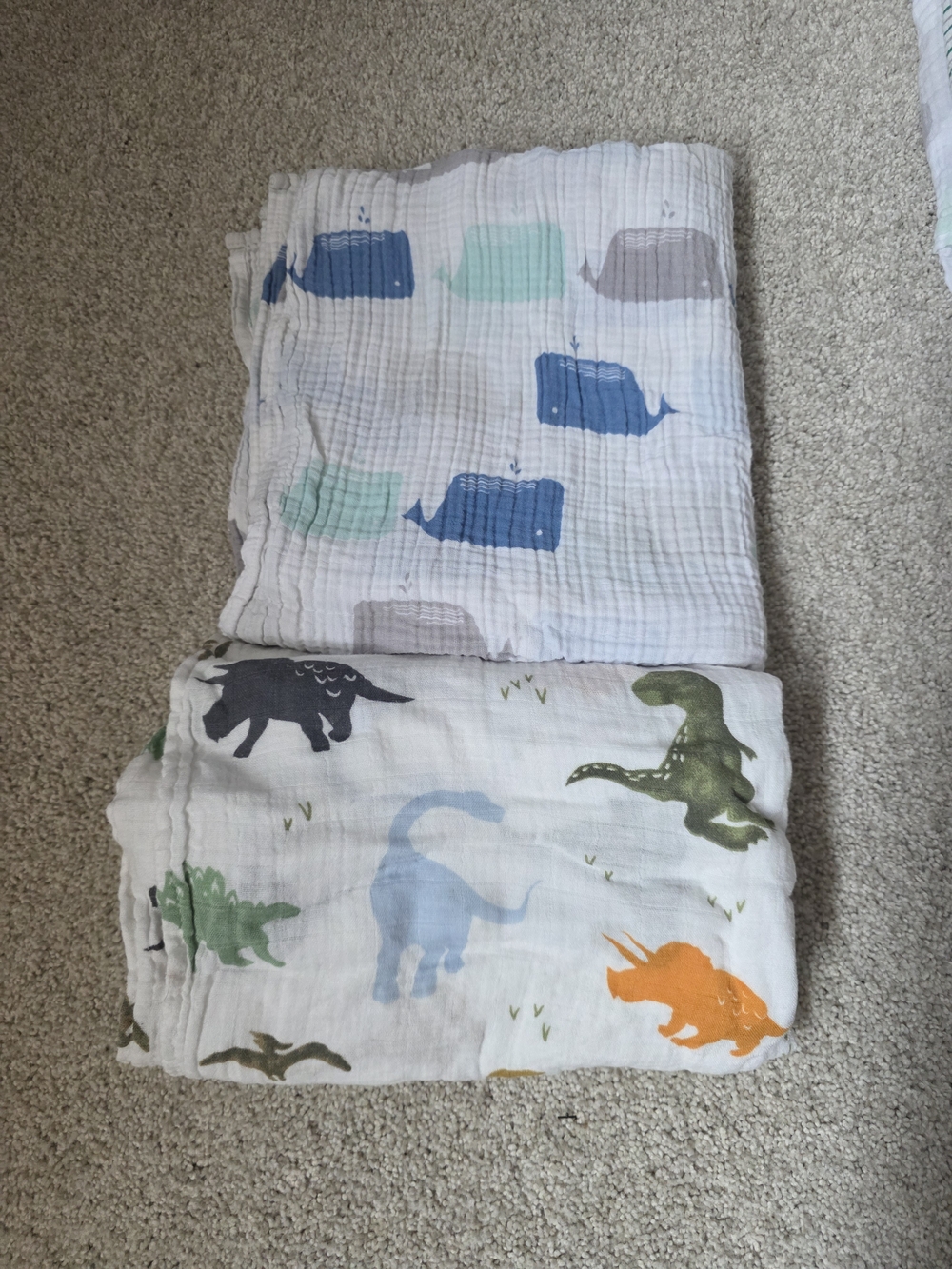 Baby Muslin Swaddle Set with Whale and Dinosaur Prints - White Base
